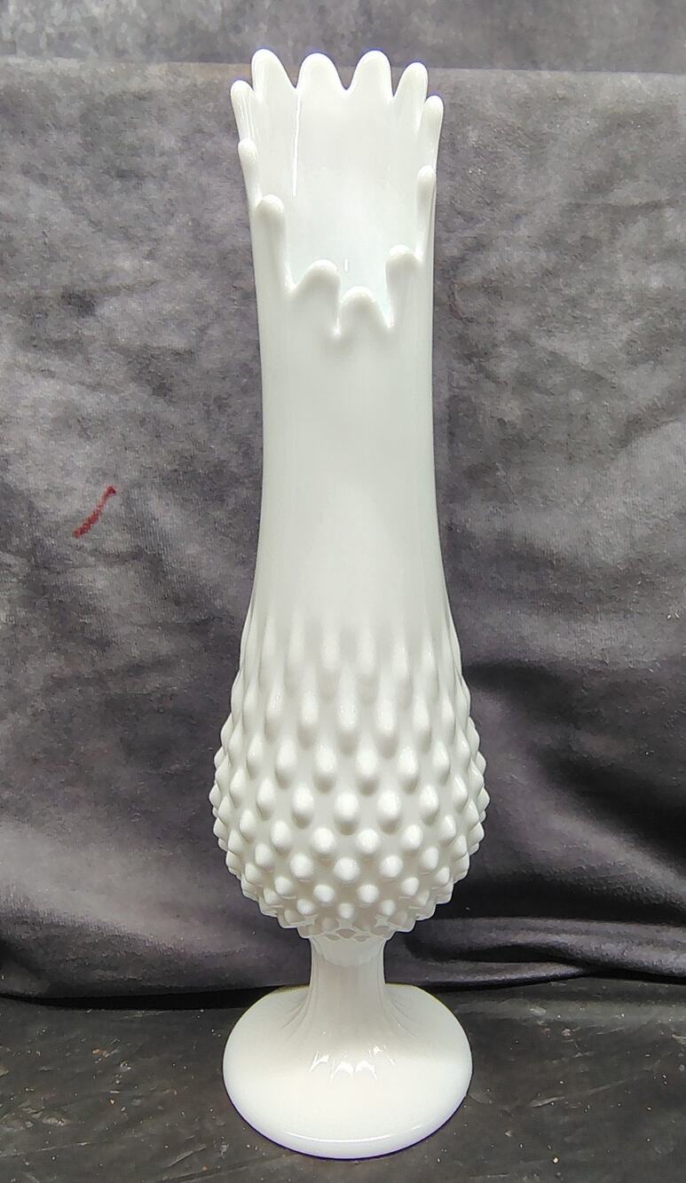 Vintage Fenton Milk Glass Hobnail Footed Swung Vase 12.5"